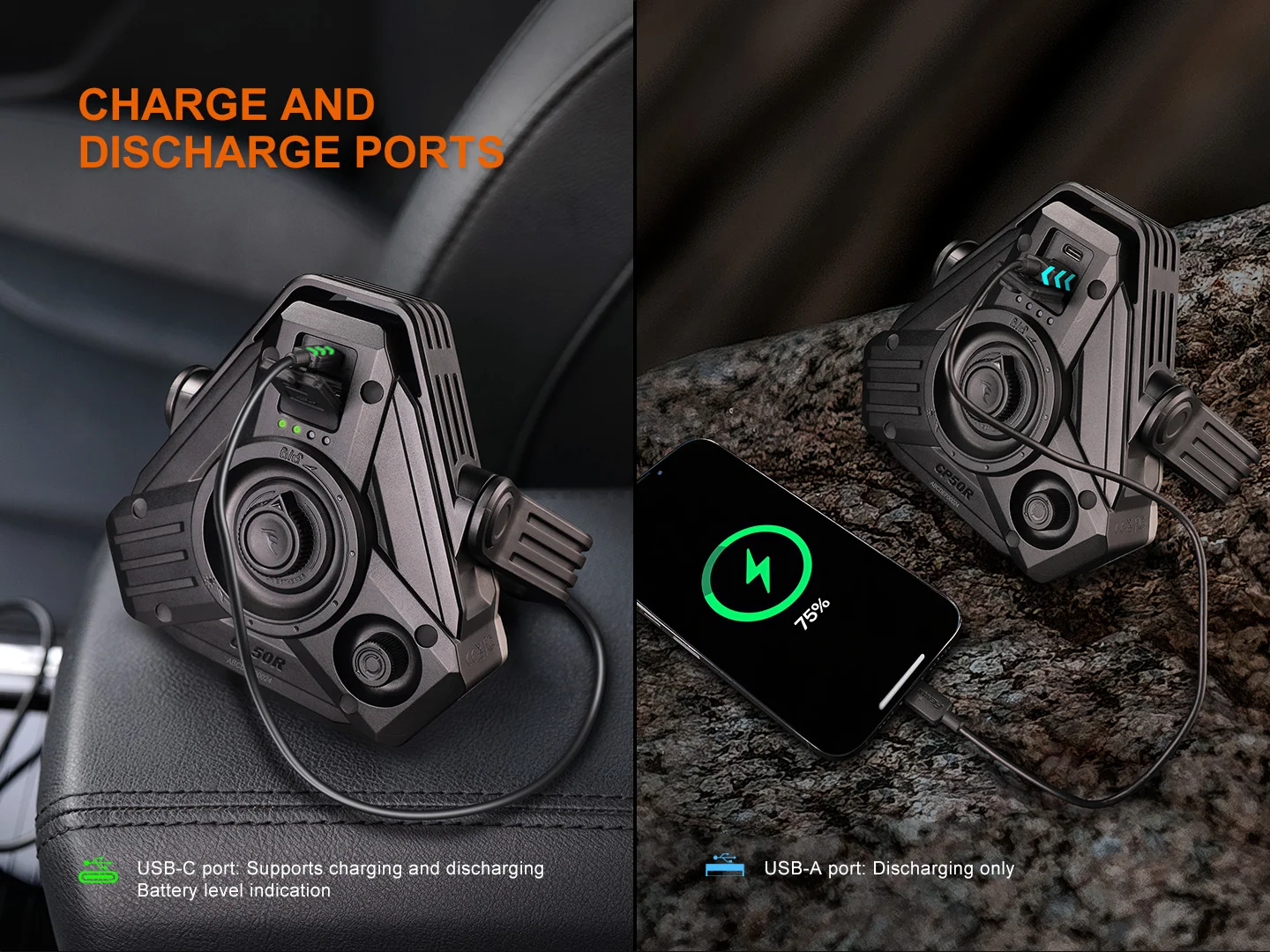 Fenix CP50R Multifunction Vehicle camping Lantern with charge and discharge ports.