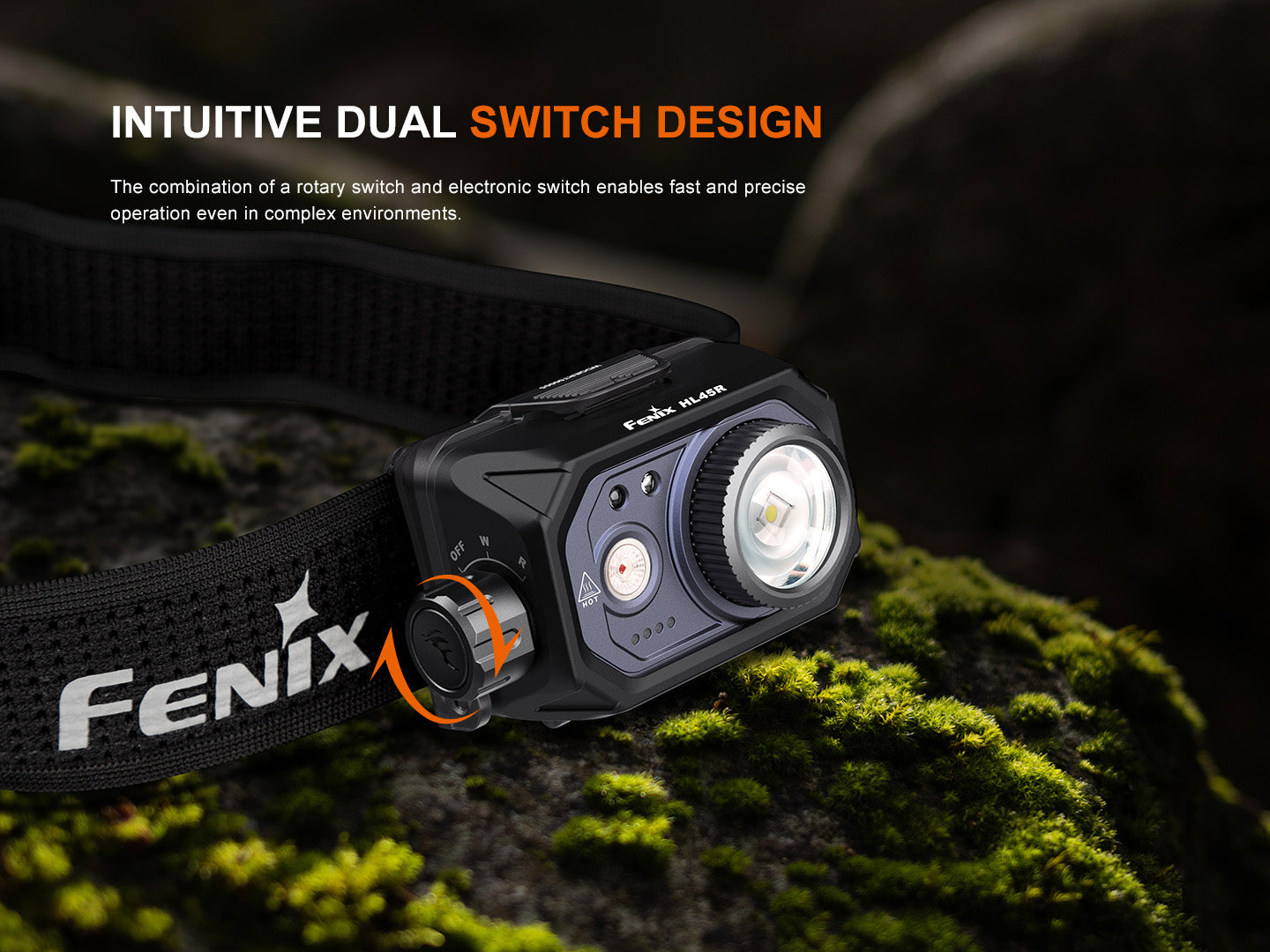 Fenix HL45 Multipurpose Focusable Induction Headlamp with intuitive dual switch design.