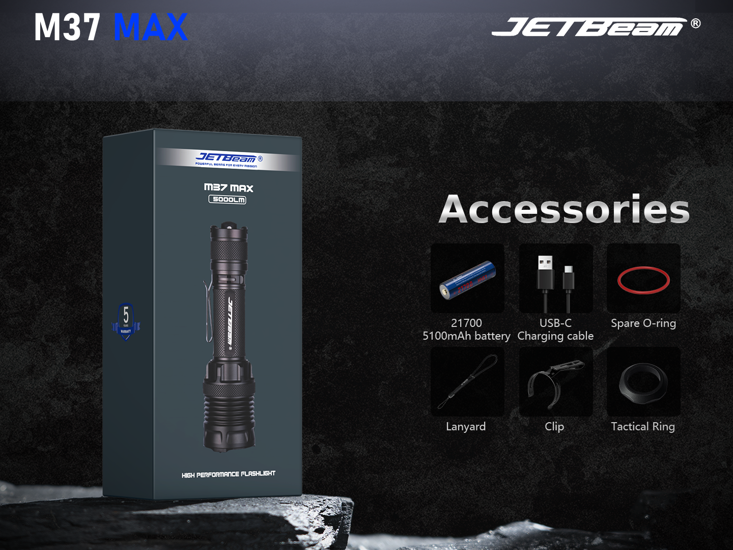 JETBeam M37 MAX Tactical Flashlight with accessories.