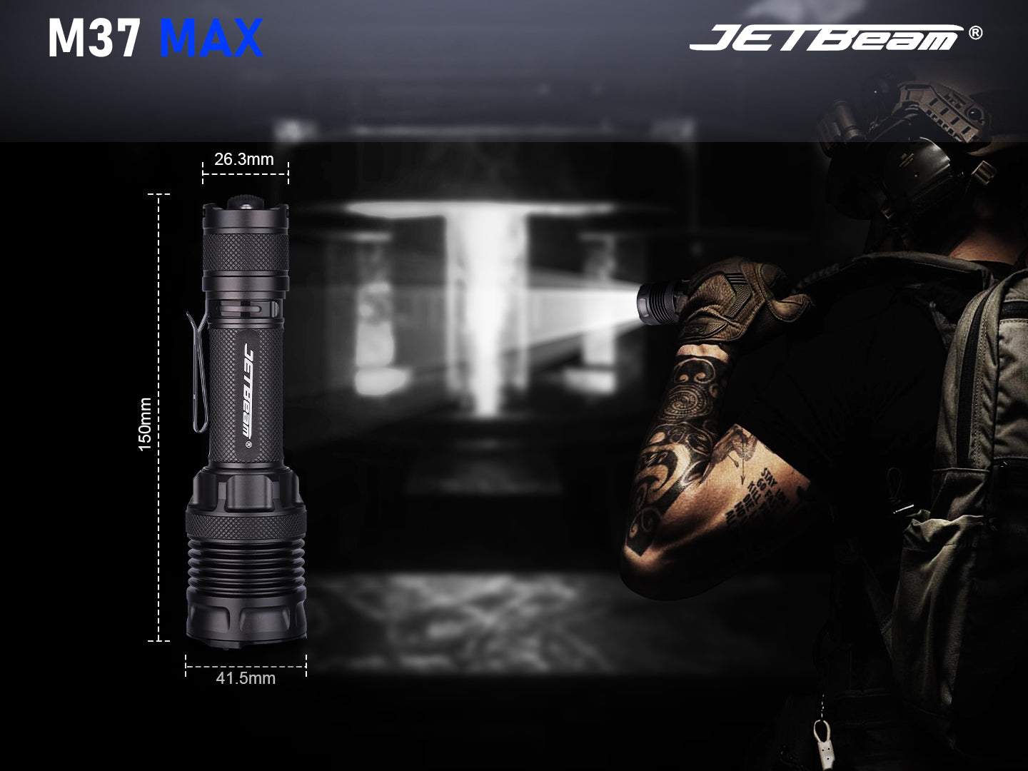 JETBeam M37 MAX Tactical Flashlight with size dimensions.