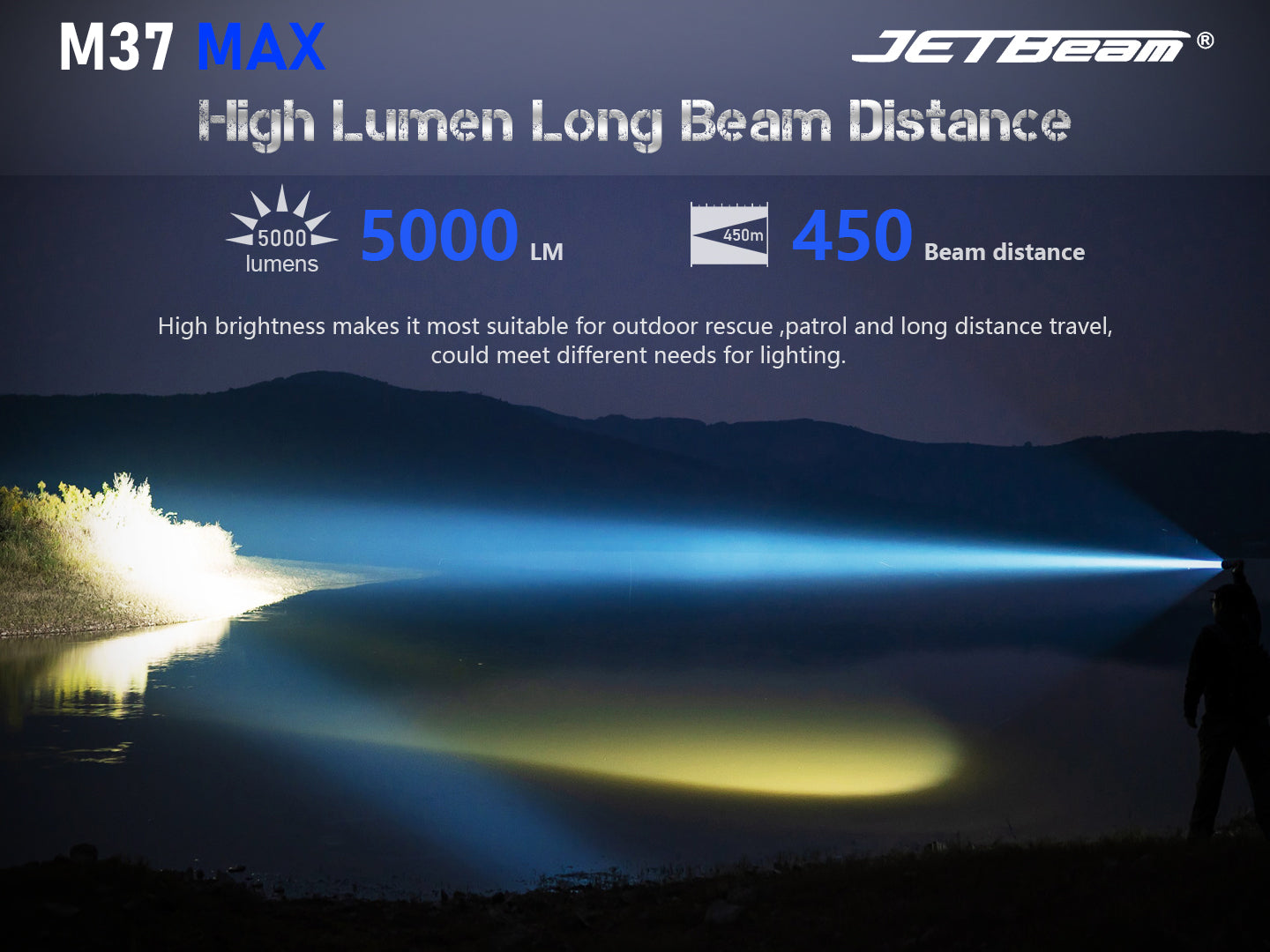 JETBeam M37 MAX Tactical Flashlight with high lumens long beam distance.