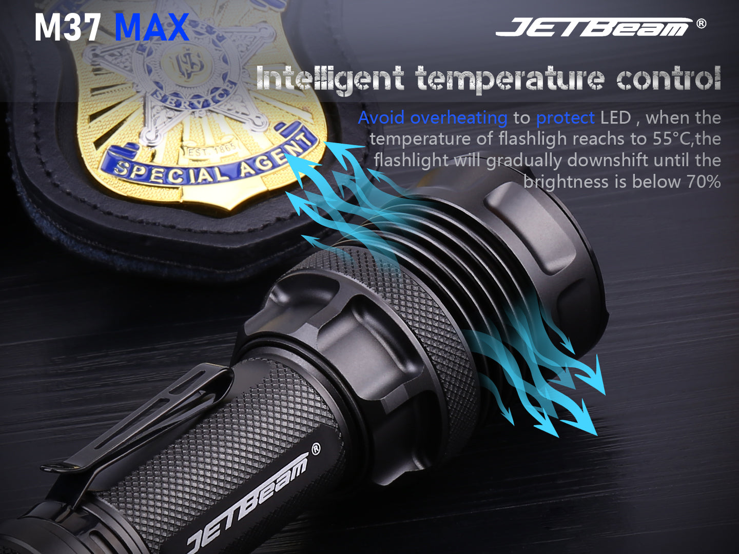 JETBeam M37 MAX Tactical Flashlight with intelligent temperature control.