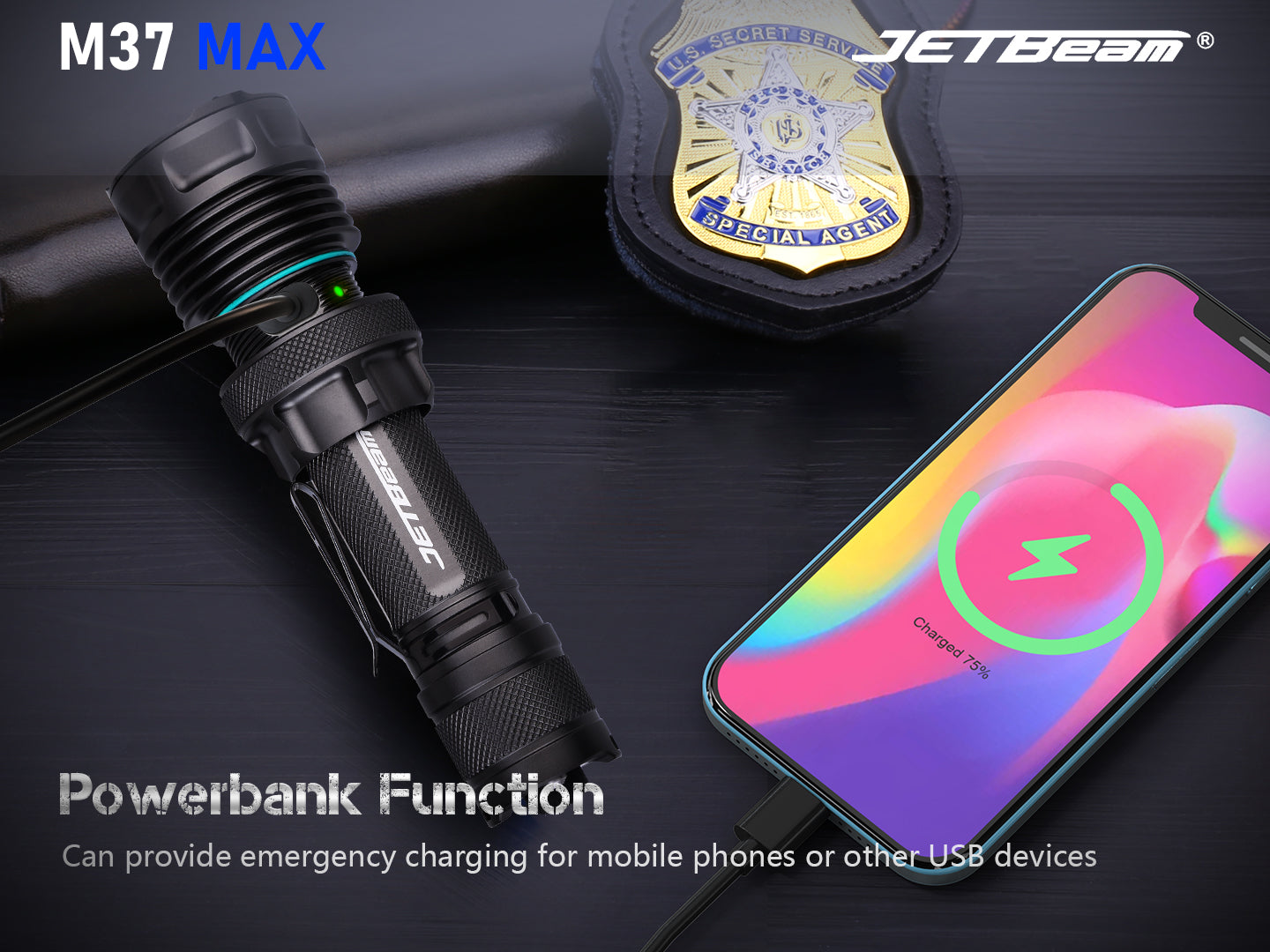 JETBeam M37 MAX Tactical Flashlight with power bank function.