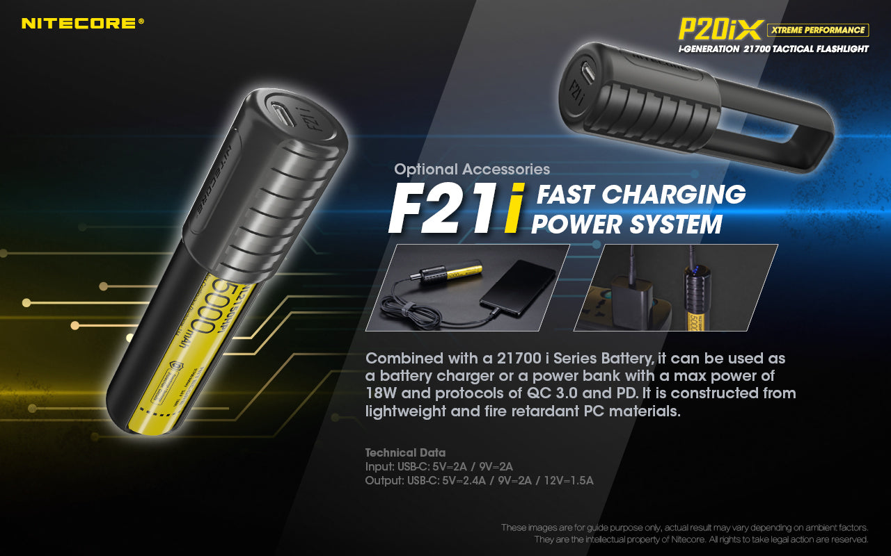 Nitecore P20iX Xtreme Performance i-Generation 21700 tactical flashlight with 4000 lumens with F21i fast charging power system as optional accessories.
