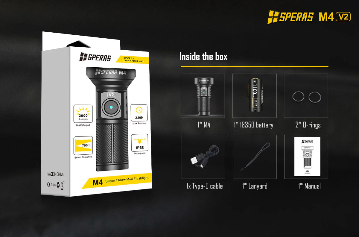 SPERAS M4 Compact Type-C Rechargeable EDC Flashlight 2000lumens 700 meters with accessories.