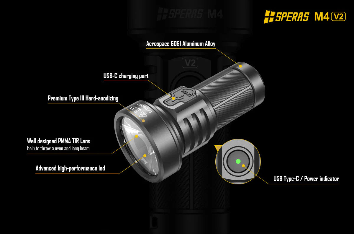 SPERAS M4 Compact Type-C Rechargeable EDC Flashlight 2000lumens 700 meters with special features.