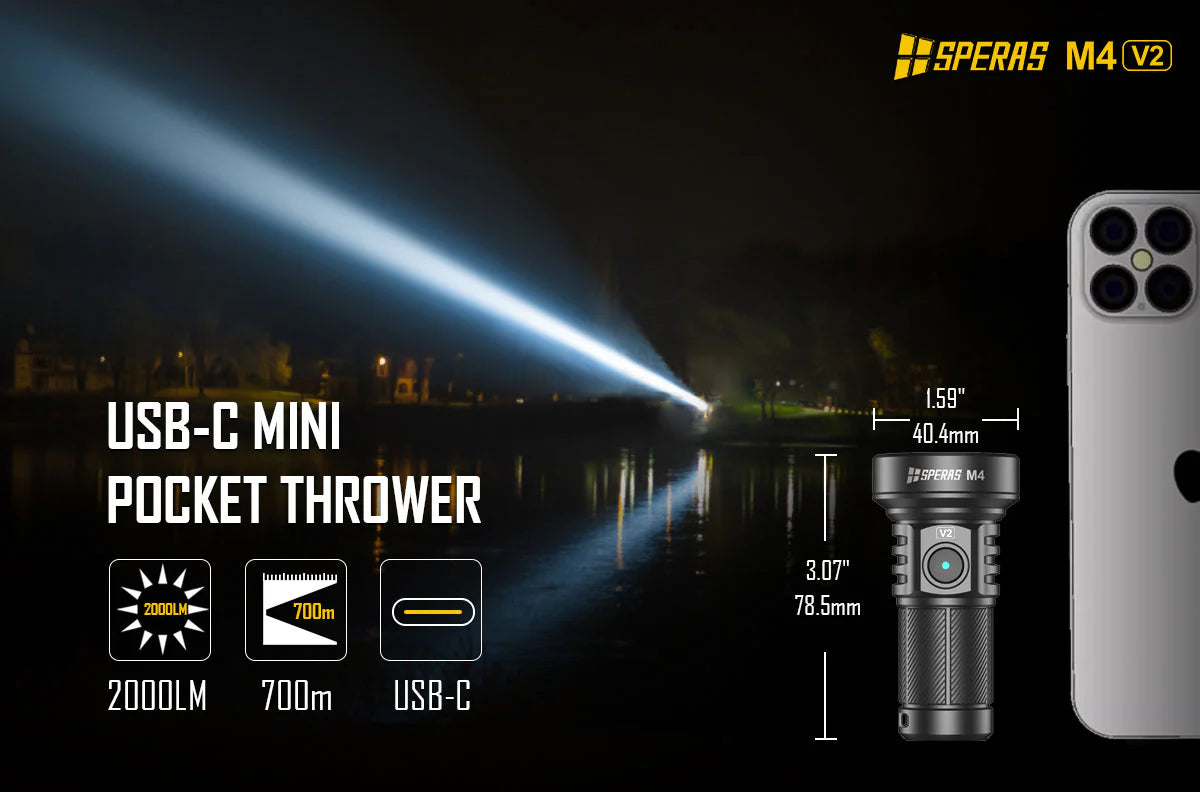 SPERAS M4 Compact Type-C Rechargeable EDC Flashlight 2000lumens 700 meters with USB C Mini Pocket Thrower.