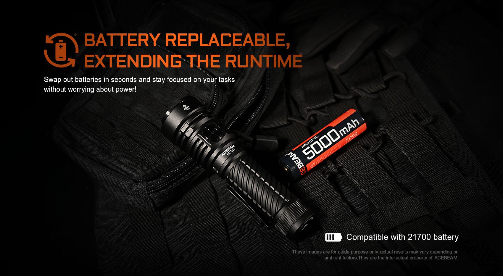 Acebeam EC90 Long Range EDC Flashlight with 573 meters beam distance and 4300 lumens with battery replaceable and extending run time.