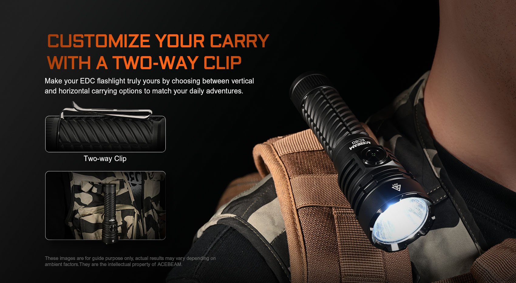 Acebeam EC90 Long Range EDC Flashlight with 573 meters beam distance and 4300 lumens with customize your carry with a two way clip.
