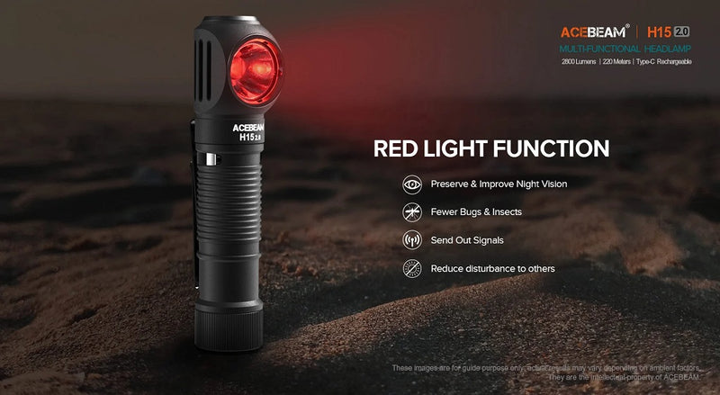 Acebeam H15 2.0 is a Multifunctional Right Angle Rechargeable Headlamp with red light function.