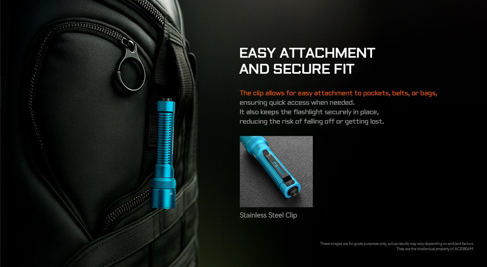 Acebeam K1 EDC Flashlight - Triple Light Source with Cyan 488nm Beam with easy attachment and secure fit.