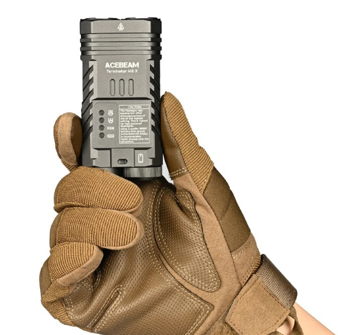 Acebeam Terminator M2-X RGB flashlight with glove.