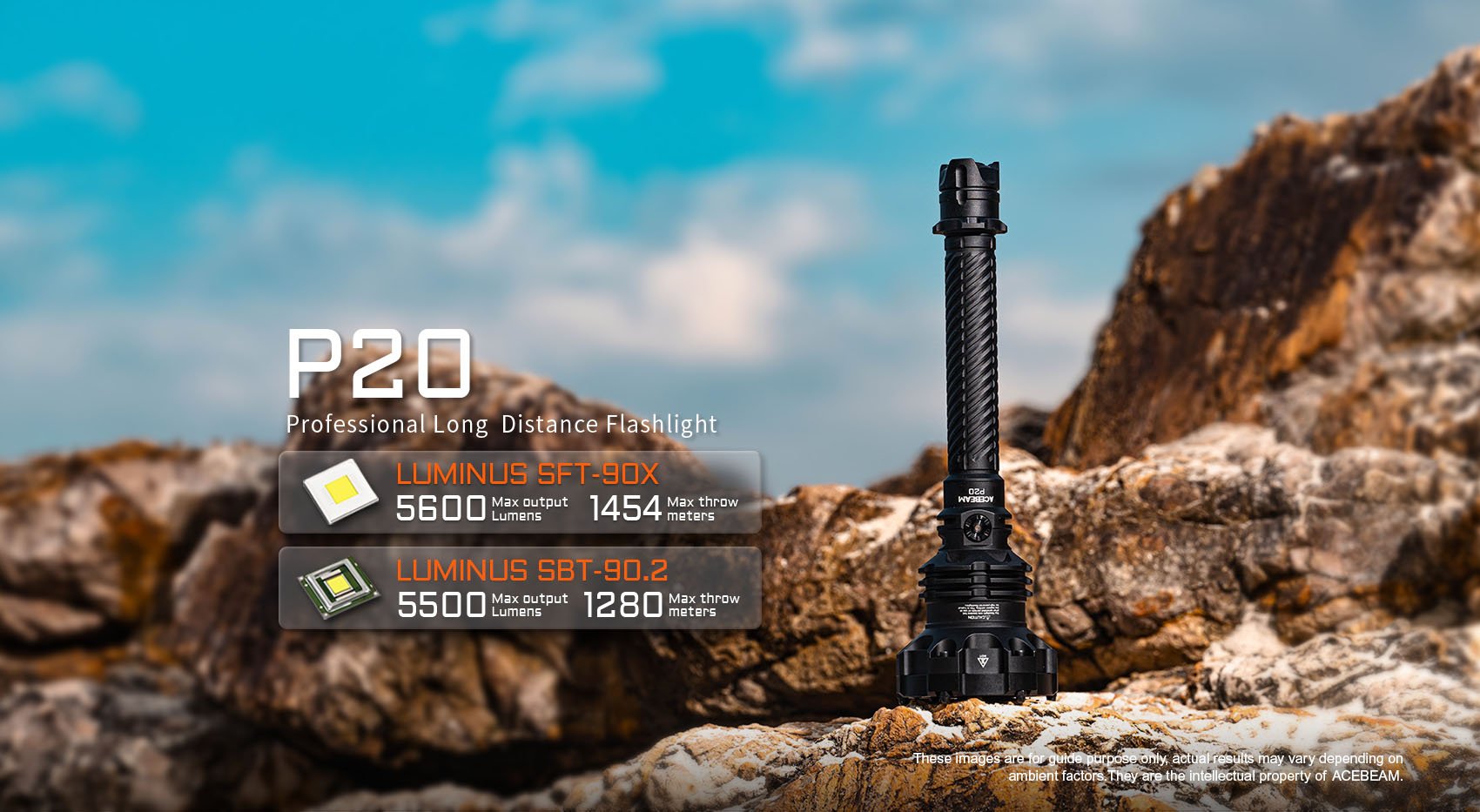 Acebeam P20 Ultra-Throw Flashlight | 1280 meter Long-Range Beam with Luminus SBT-90.2 with 1280 meters throw.