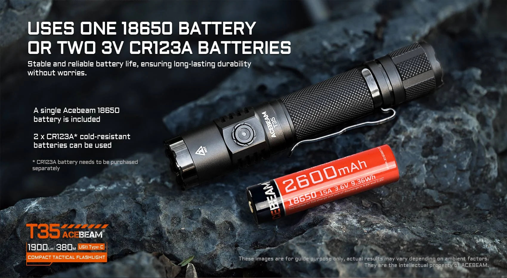 Acebeam T35 Compact Tactical Flashlight that uses one 18650 battery.