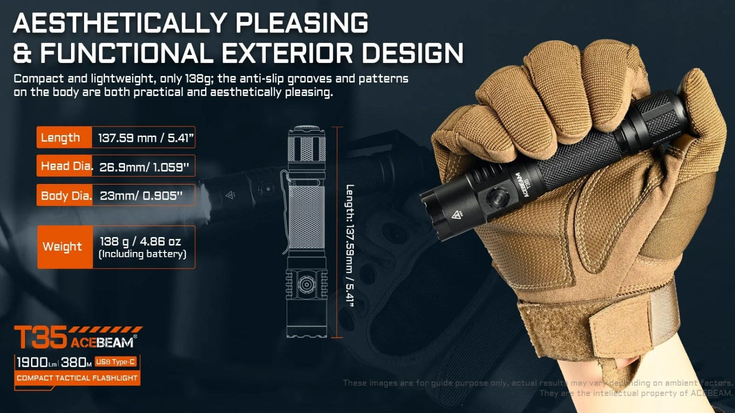 Acebeam T35 Compact Tactical Flashlight which is aesthetically pleasing and functional exterior design.