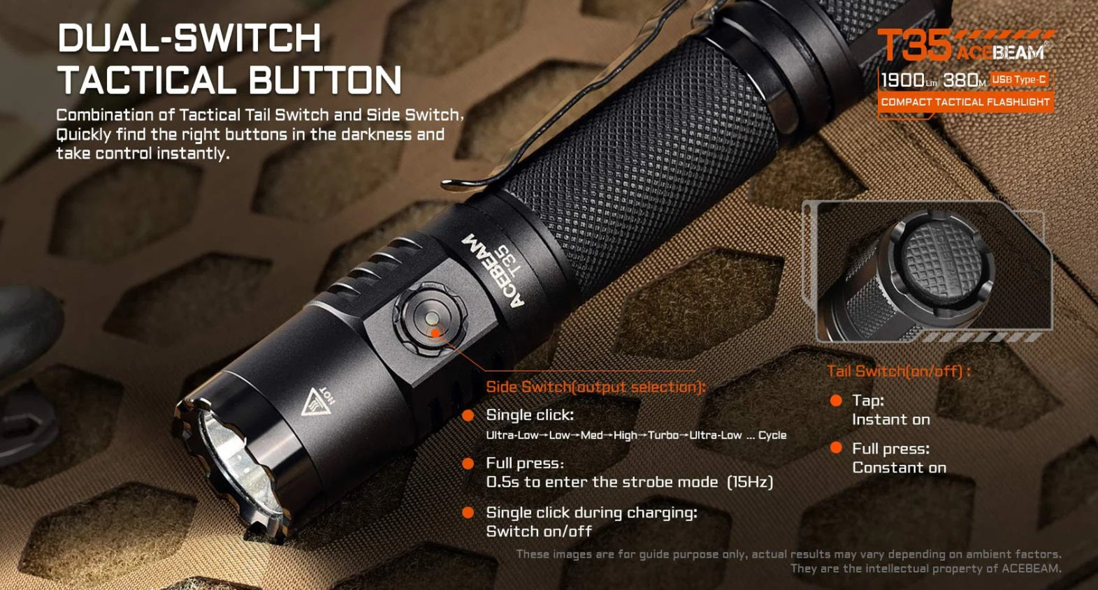Acebeam T35 Compact Tactical Flashlight with dual switch tactical button.