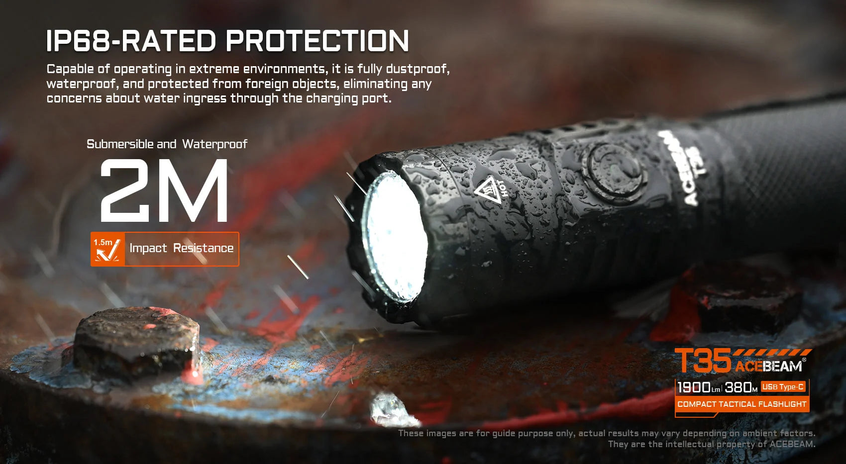 Acebeam T35 Compact Tactical Flashlight with IP68 rated protection.