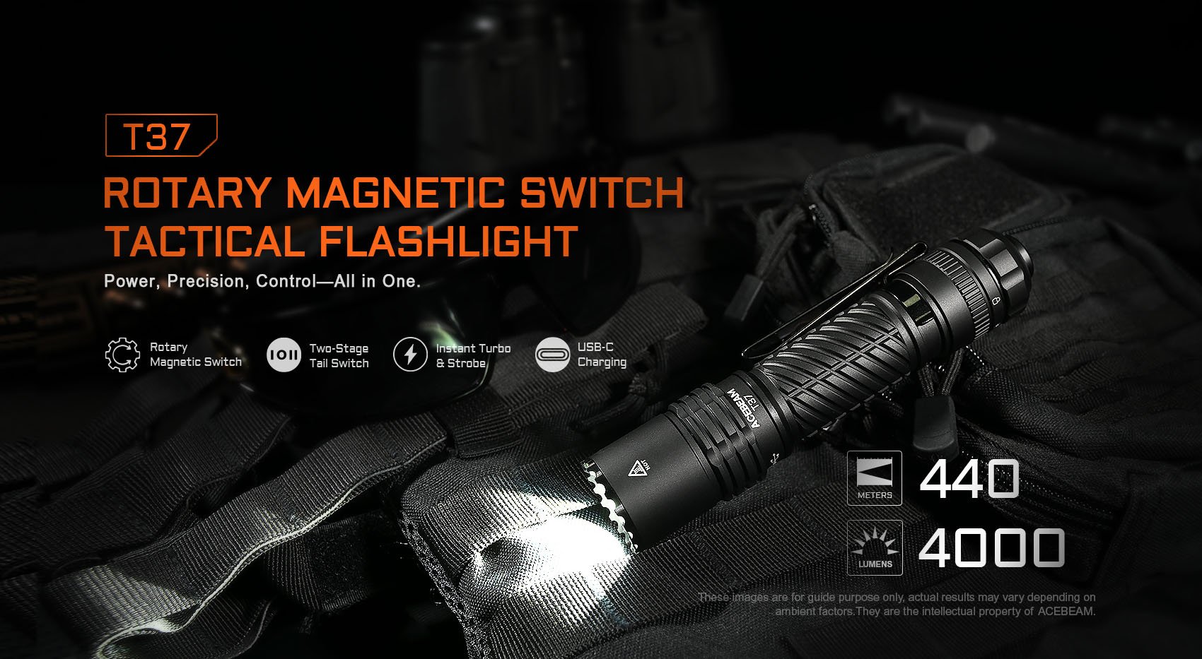 Acebeam T37 Rotary Magnetic Switch Tactical Flashlight.
