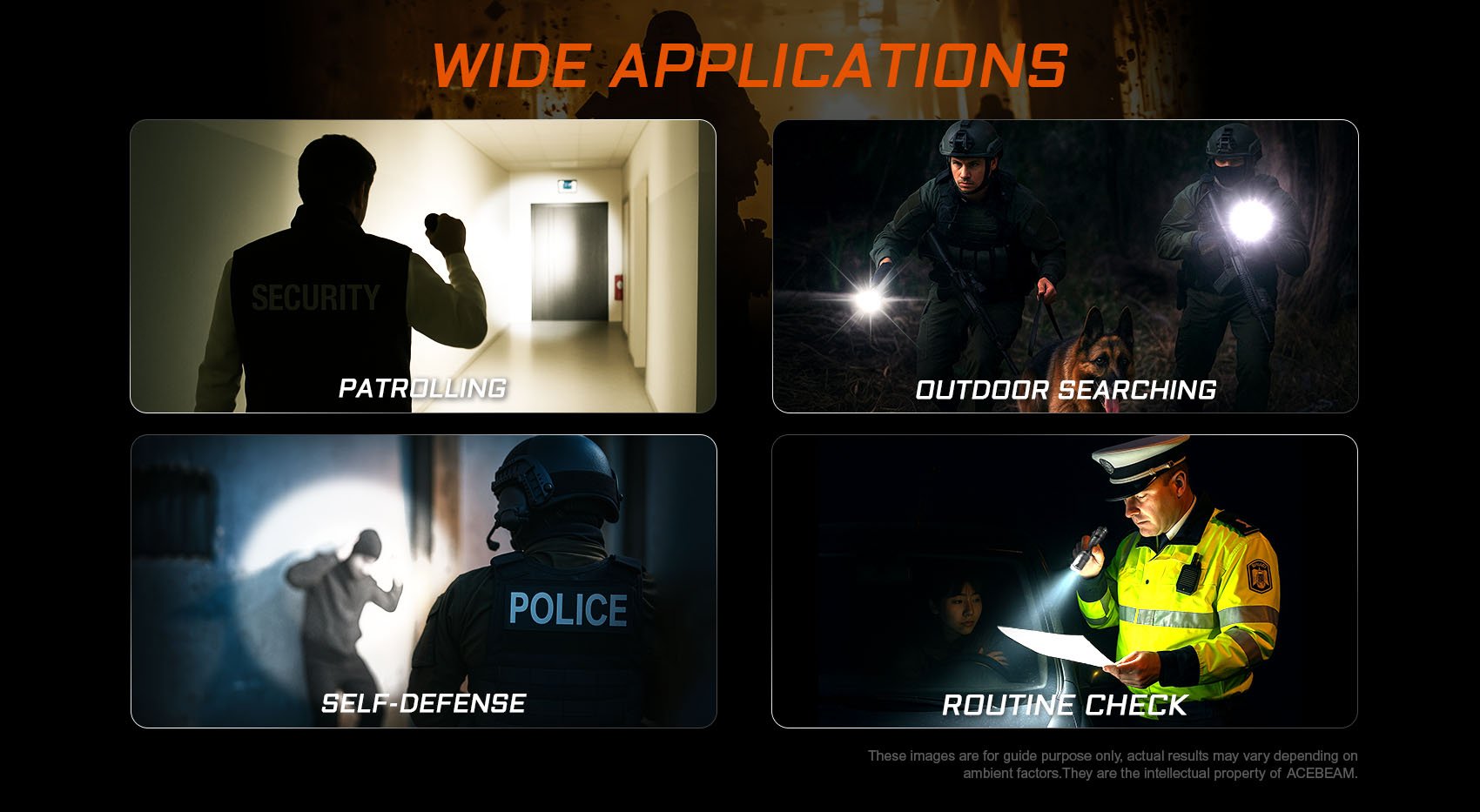 Acebeam T37 Rotary Magnetic Switch Tactical Flashlight with wide applications such as patrolling, outdoor searching, self defense and routine check.