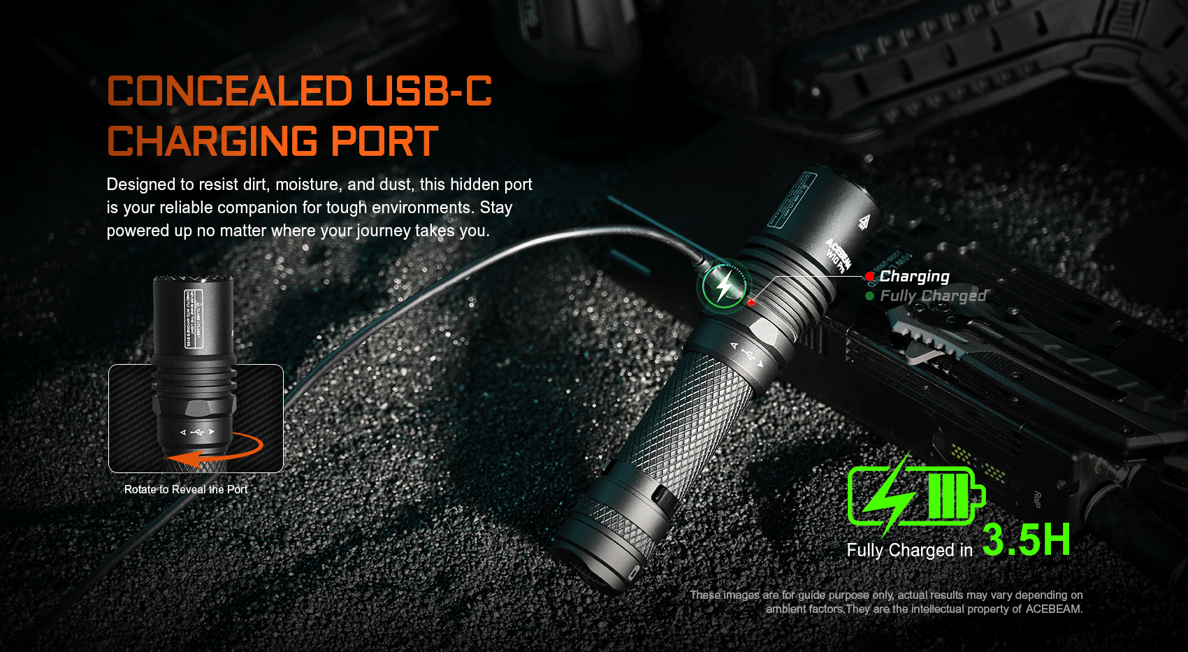 Acebeam W10 Pro LEP Tactical Flashlight – Ultra Focused 1425m Beam Distance with concealed usb c charging port.