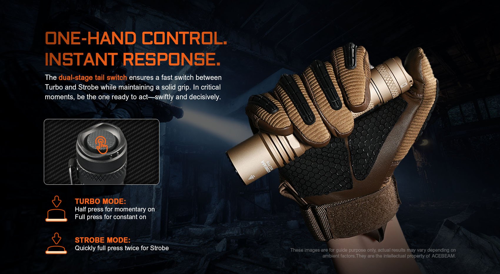 Acebeam W10 Pro LEP Tactical Flashlight – Ultra Focused 1425m Beam Distance with one hand control and instant response.