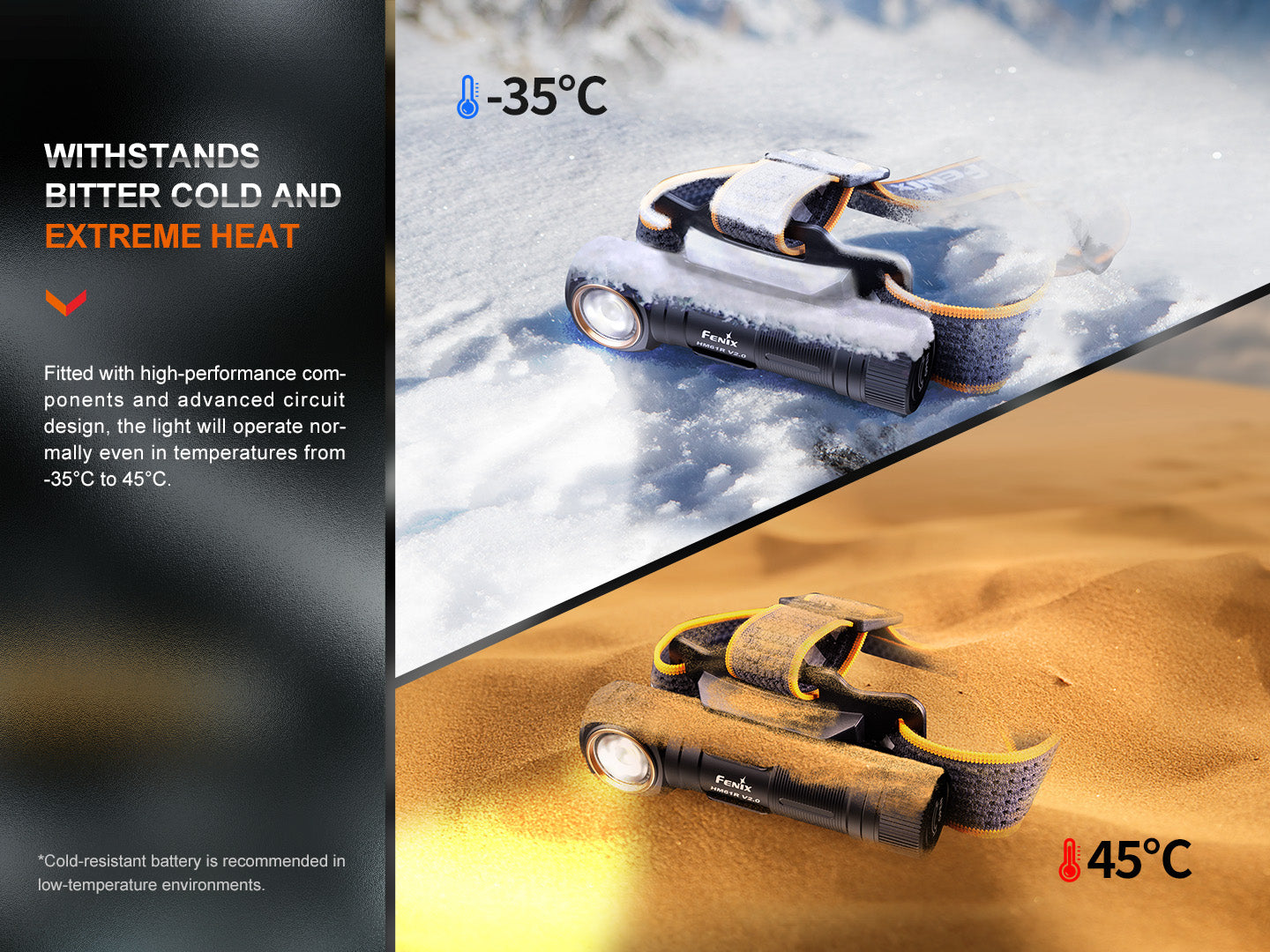 Fenix HM61R V2.0 High Performance Rechargeable Headlamp withstands bitter cold and extreme heat.