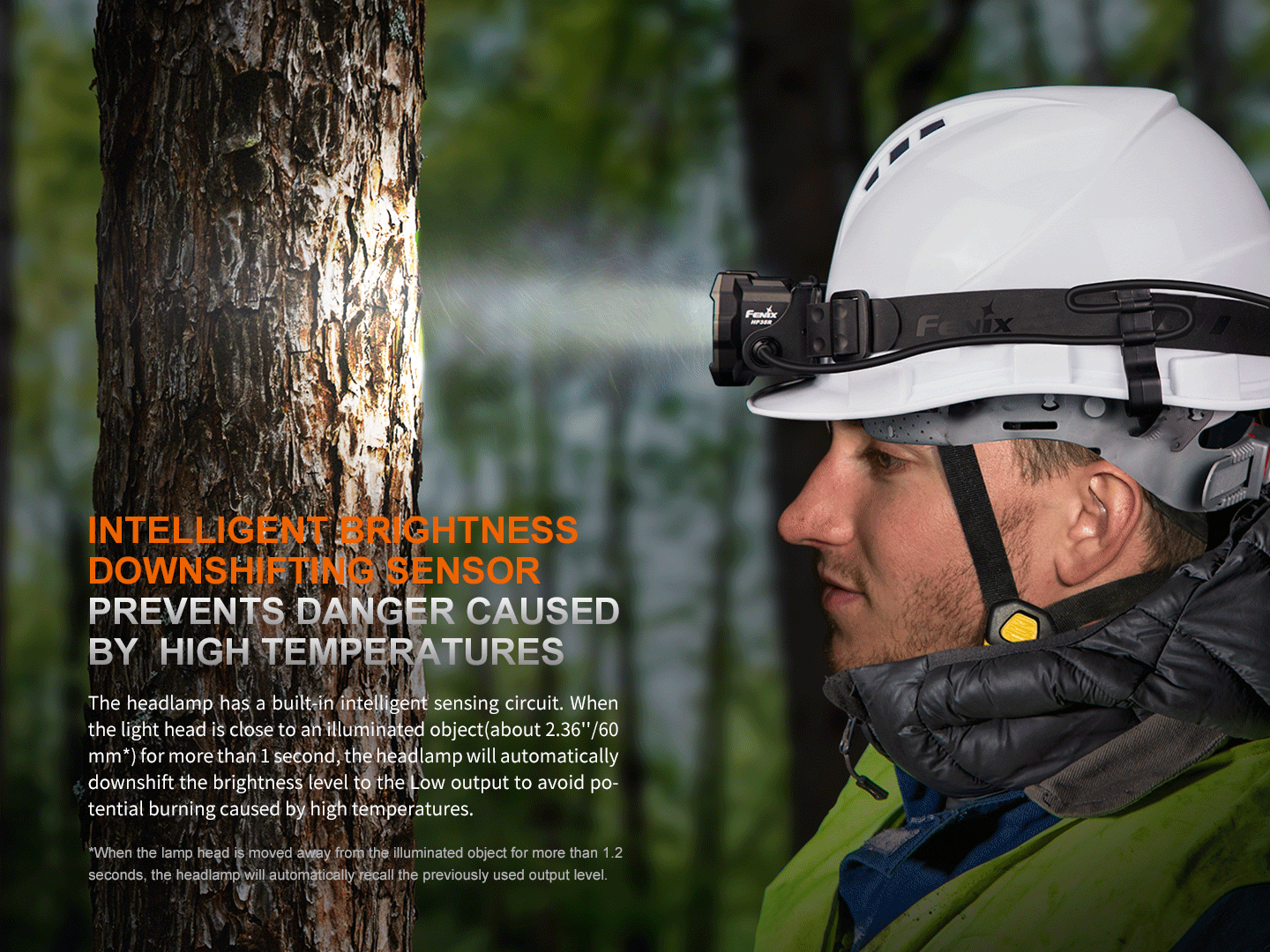 Fenix HP35R Rechargeable Headlamp – 4000 Lumen Spotlight & Floodlight with intelligent brightness downshifting sensor that prevents danger caused by high temperatures.