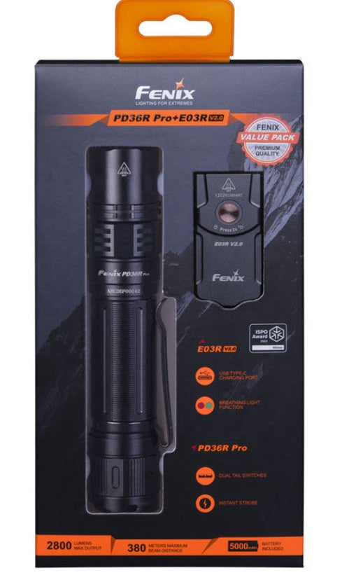 Fenix PD36R Pro Flashlight + Fenix E03R key chain light combo packaging