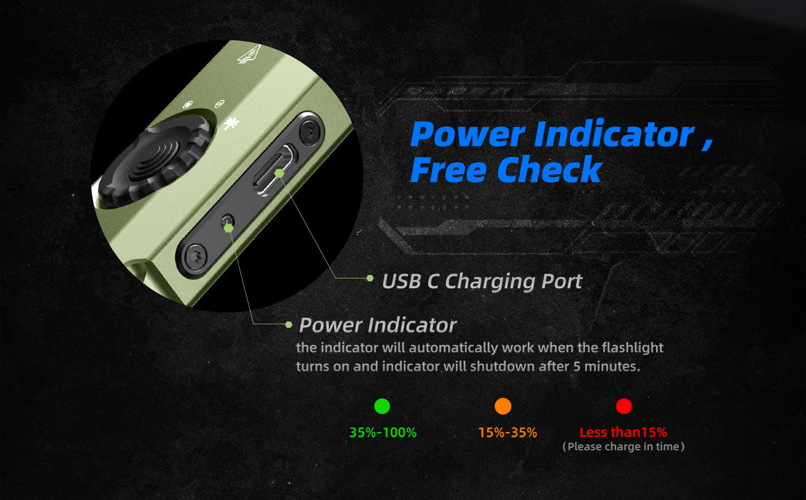 JetBeam E26 Kunai Tactical EDC Flashlight with power indicator.