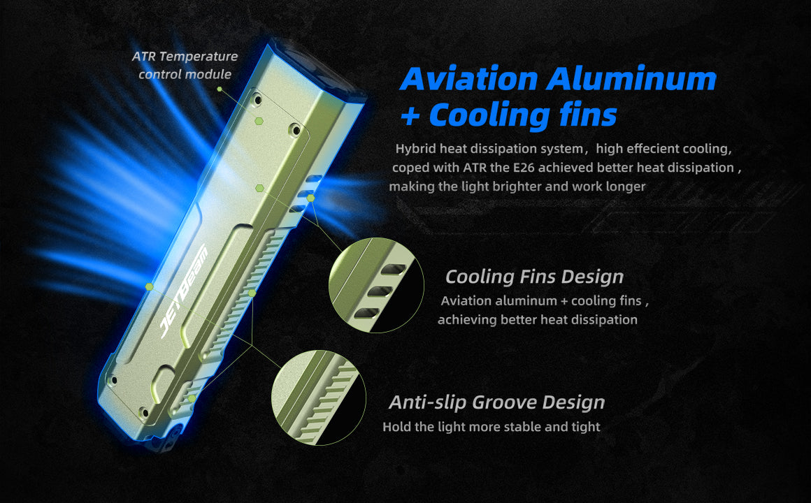 JetBeam E26 Kunai Tactical EDC Flashlight with aviation aluminum and cooling fins.