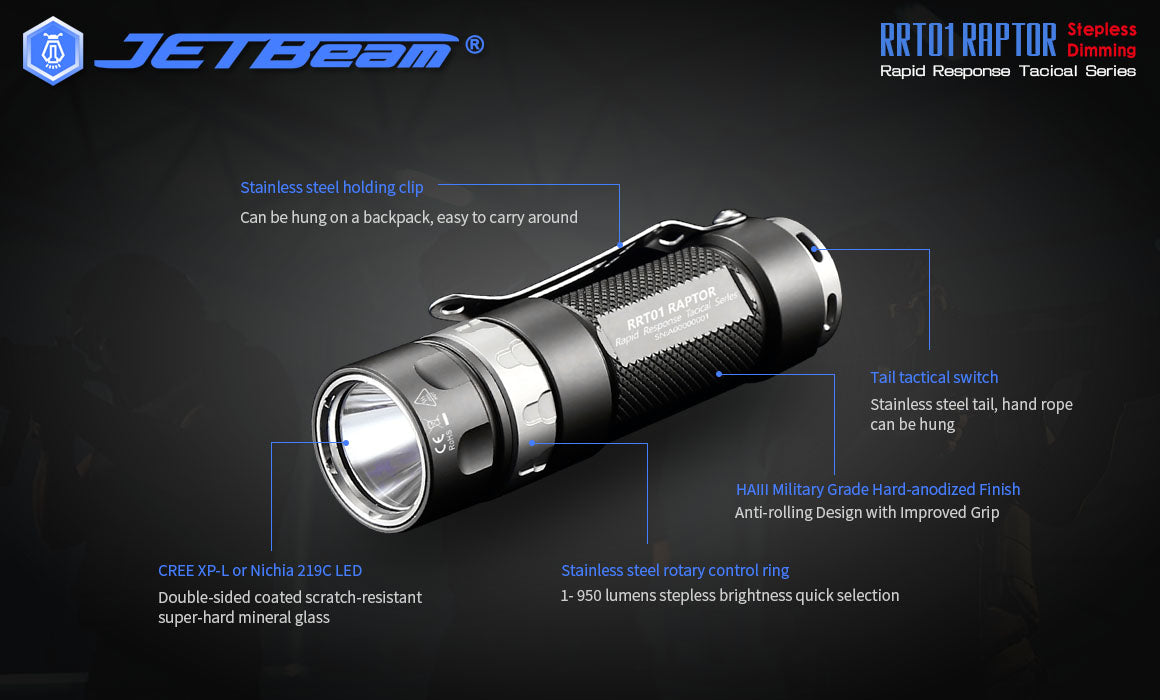 JETBeam RRT01 Raptor Stepless Dimming Rapid Response Flashlight with stainless steel rotary control ring.