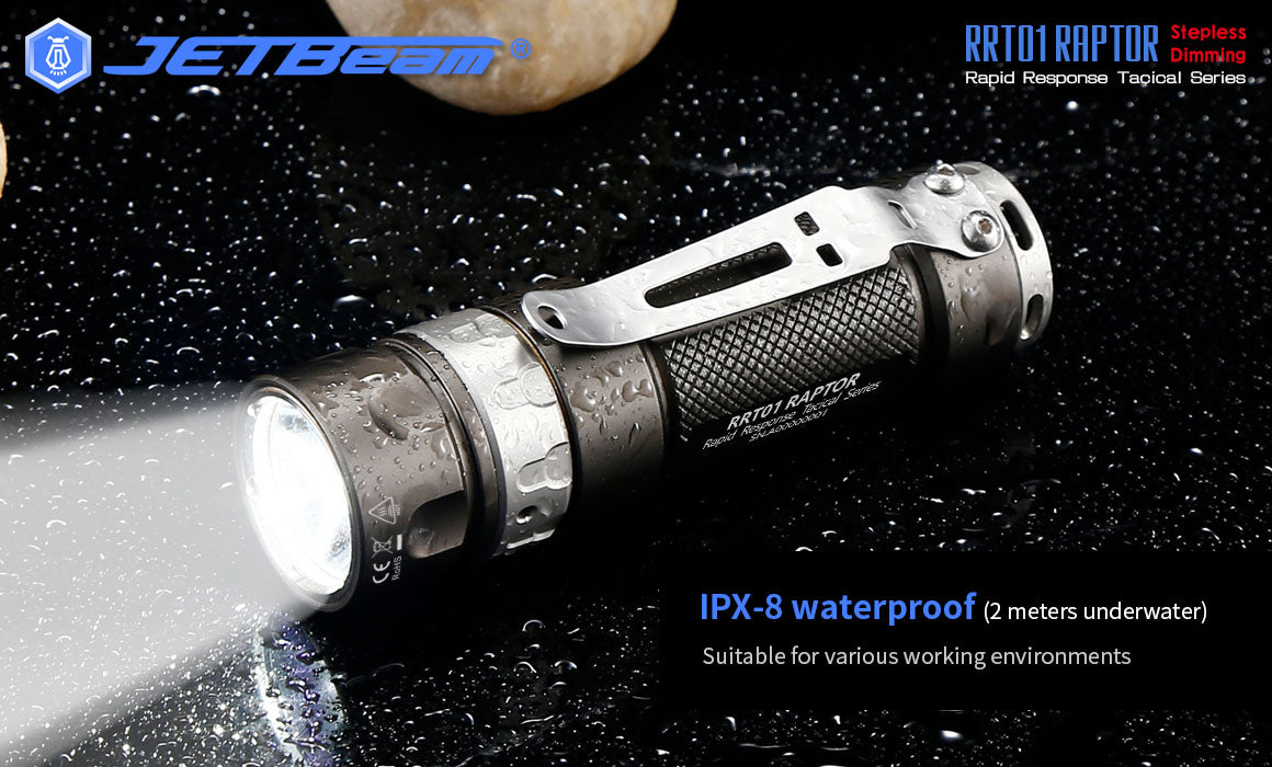 JETBeam RRT01 Raptor Stepless Dimming Rapid Response Flashlight with IPX 8 waterproof.