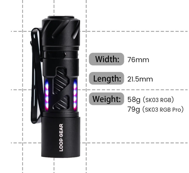 LOOP GEAR SK03 RGB EDC Flashlight with size and weight.