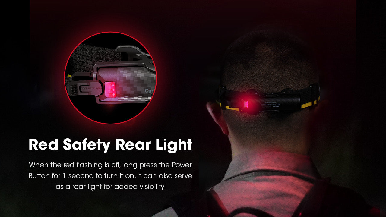 Nitecore Carbon Battery 6K Extended Headlamp Runtime Kit with red safety rear light.