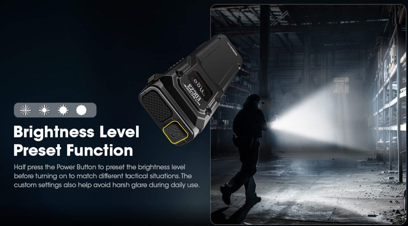 Nitecore EDC23 SABER Ultra Slim Pocket Tactical EDC Flashlight with brightness level preset function.