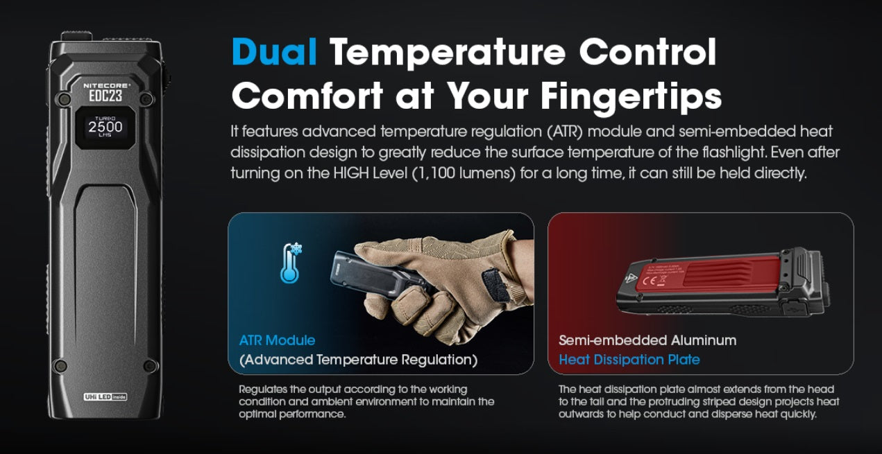 Nitecore EDC23 SABER Ultra Slim Pocket Tactical EDC Flashlight with dual temperature control comfort at your fingertips.