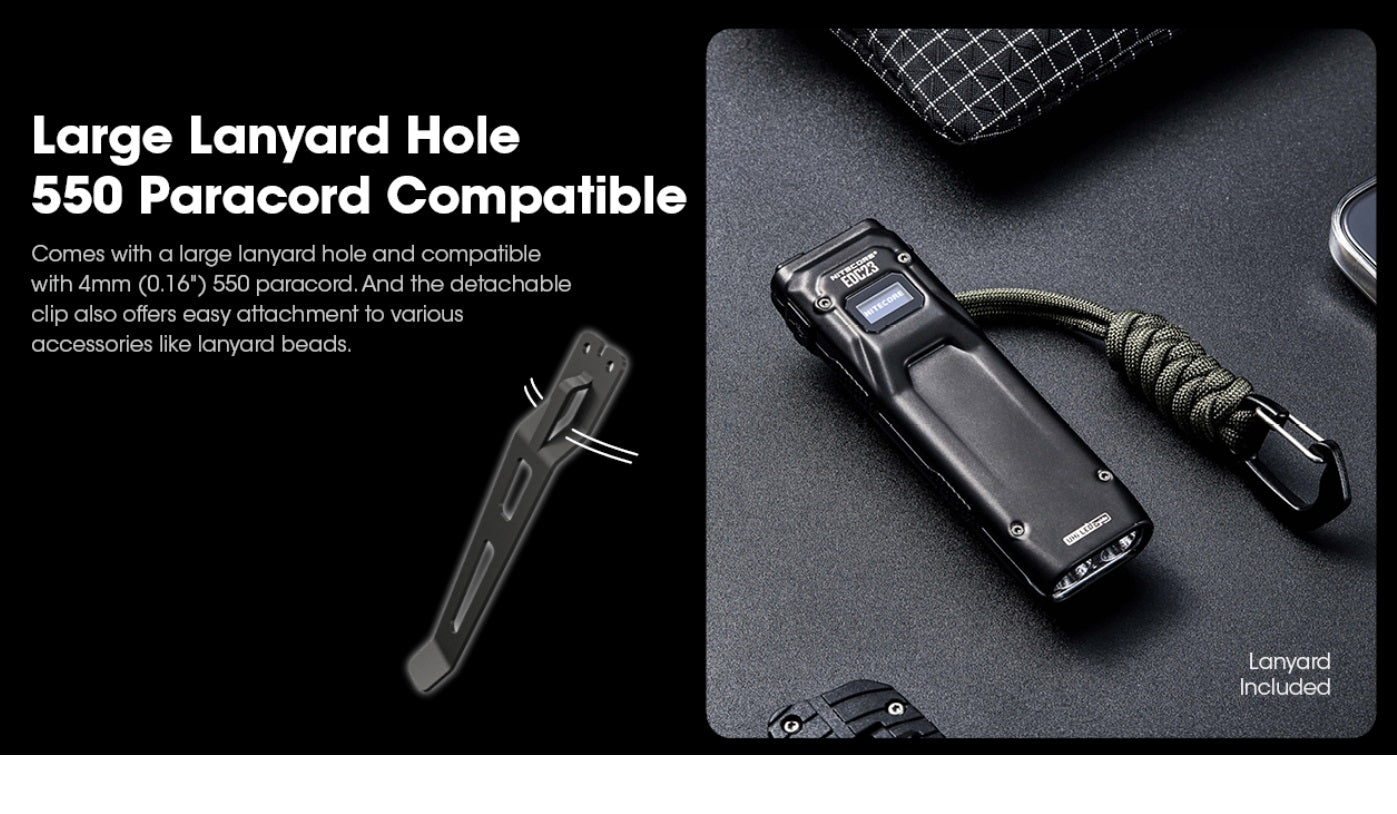 Nitecore EDC23 SABER Ultra Slim Pocket Tactical EDC Flashlight with large lanyard hole 500 paracord compatible.
