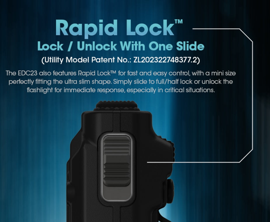 Nitecore EDC23 SABER Ultra Slim Pocket Tactical EDC Flashlight with rapid lock with one side.