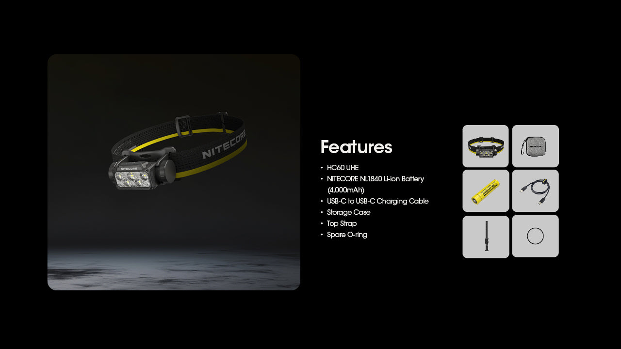 Nitecore HC60 UHE Rechargeable Outdoor Headlamp with included Accessories.