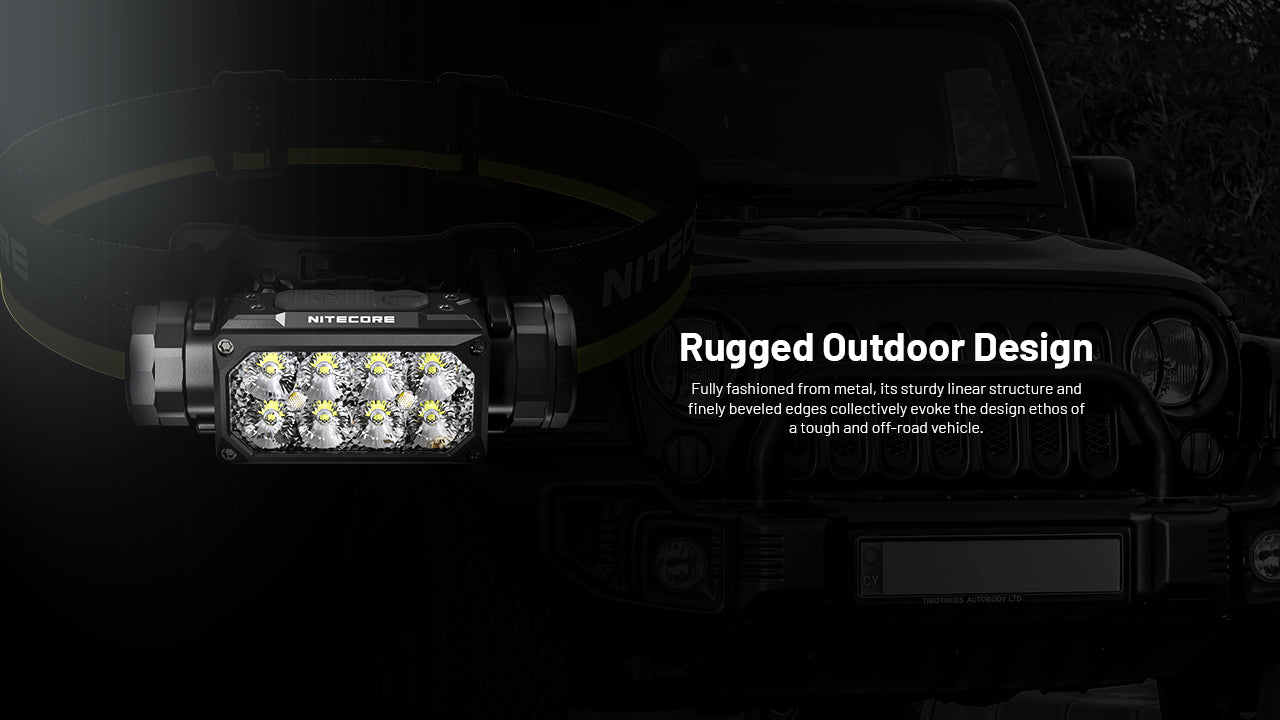 Nitecore HC65 UHE Ultra High Triple Output Metal Headlamp with rugged outdoor design.