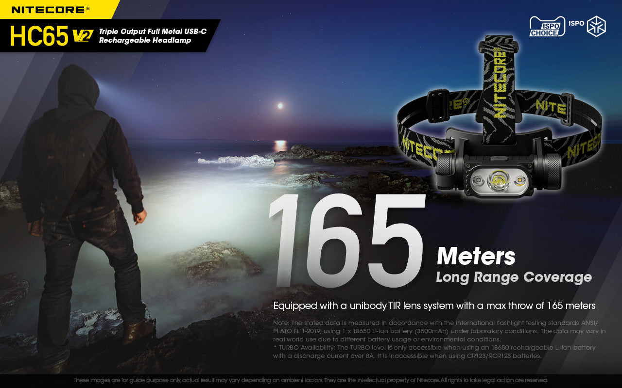 Nitecore HC65 V2 Triple Output Full Metal USB C Rechargeable Headlamp with 165 meters long range coverage.