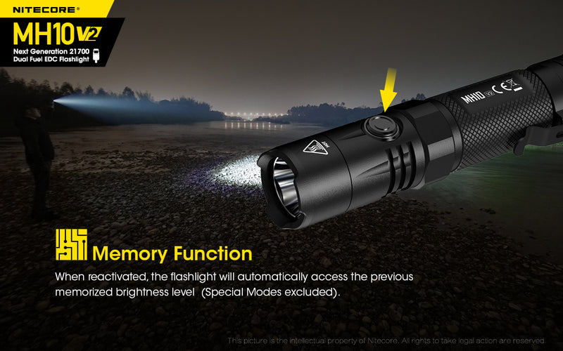 Nitecore MH10 V2 Next Generation 21700 Dual Fuel EDC Flashlight with memory function.