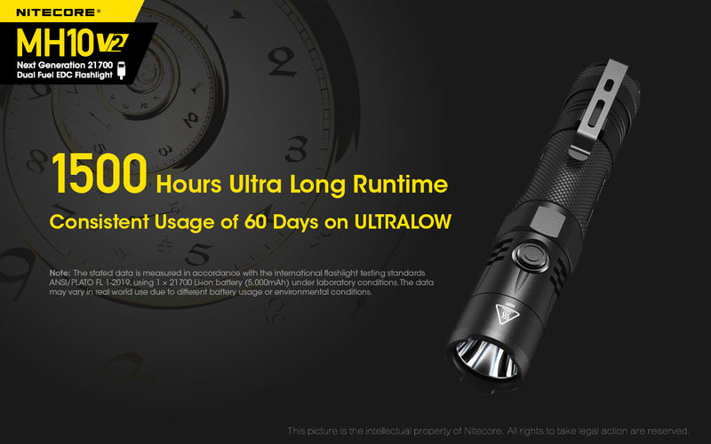 Nitecore MH10 V2 Next Generation 21700 Dual Fuel EDC Flashlight with 1500 hours of ultra long runtime.