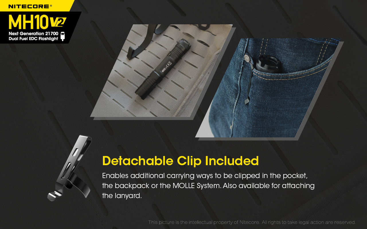 Nitecore MH10 V2 Next Generation 21700 Dual Fuel EDC Flashlight with detachable clip included.