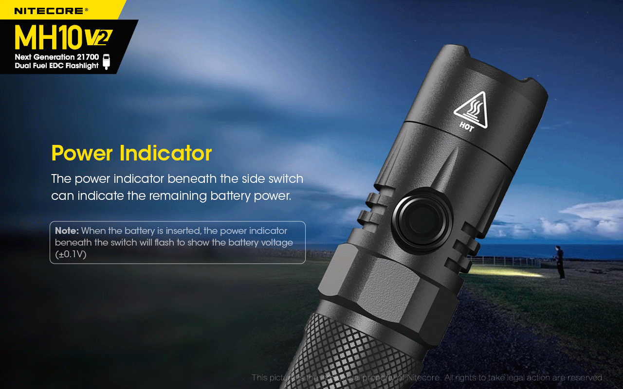 Nitecore MH10 V2 Next Generation 21700 Dual Fuel EDC Flashlight with power indicator.