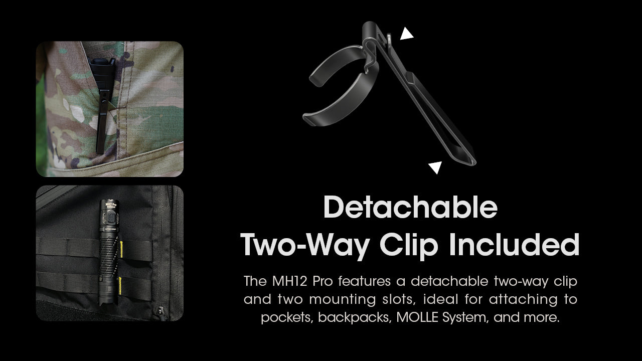 NITECORE MH12 Pro Ultra Long Range Flashlight with detachable two way clip included.