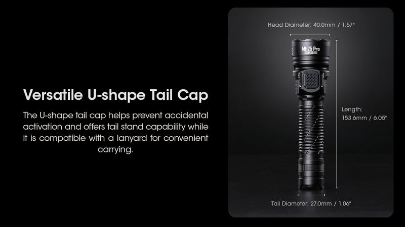 Nitecore Mh25 Pro Ultra Long Range USB C Rechargeable Flashlight with versatile U shape Tail Cap.