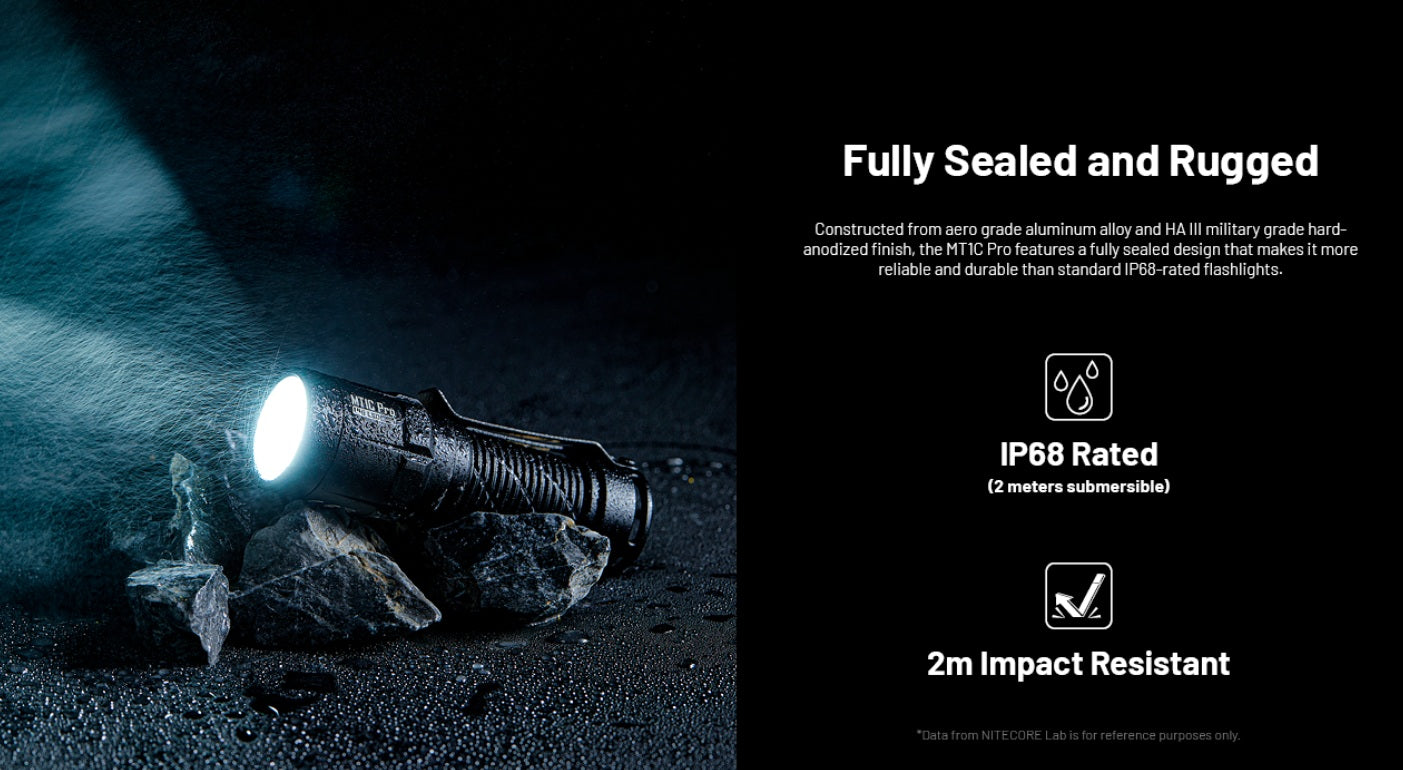 Nitecore MT1C Pro High Output Compact Tactical Flashlight with fully sealed and rugged with ip68 rtaed and 2 meter impact resistant.
