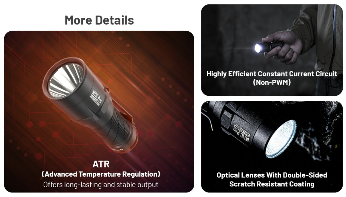 Nitecore MT1C Pro High Output Compact Tactical Flashlight with optical lenses with double sided scratch resistant coating.