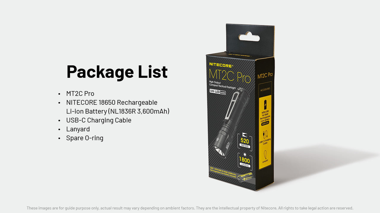 Nitecore MT2C Pro High Output Compact Tactical Flashlight with accessories.